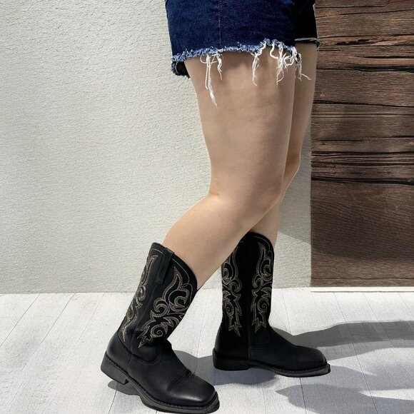 Black Women's Wide Width Cowboy Boots Square Toe Mid Calf Western Cowgirl Boots - Picture 6 of 8